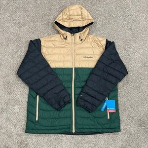 Columbia Puffer Jacket Mens 2XL XXL Green Beige Powder Lite II Hooded Colorblock